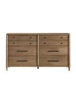 Commode double Noria TOCO Meubles en placage de hickory brun avec 8 tiroirs, boutons noirs et poignées nickel antique