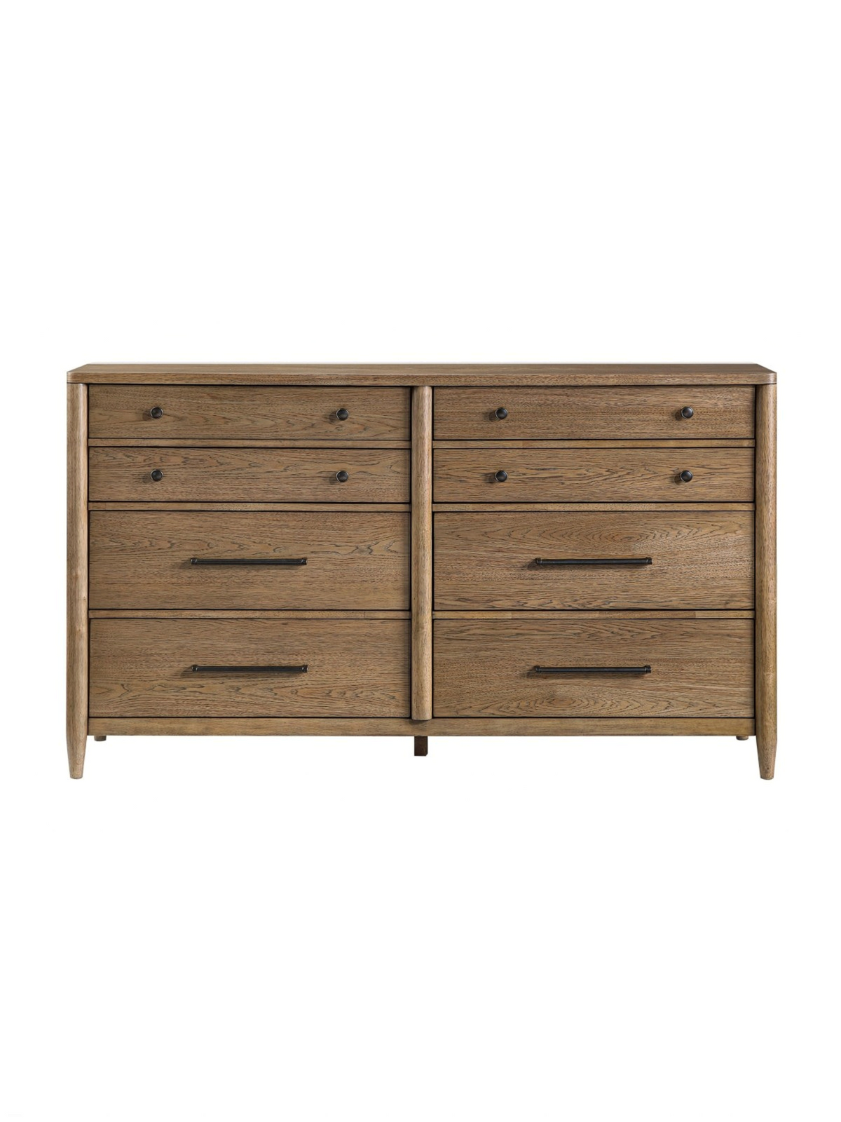 Commode double Noria TOCO Meubles en placage de hickory brun avec 8 tiroirs, boutons noirs et poignées nickel antique