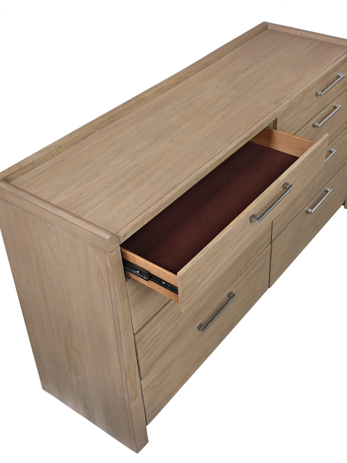 Commode double TOCO Meubles Samora en bois brun clair avec huit tiroirs et poignées en nickel antique