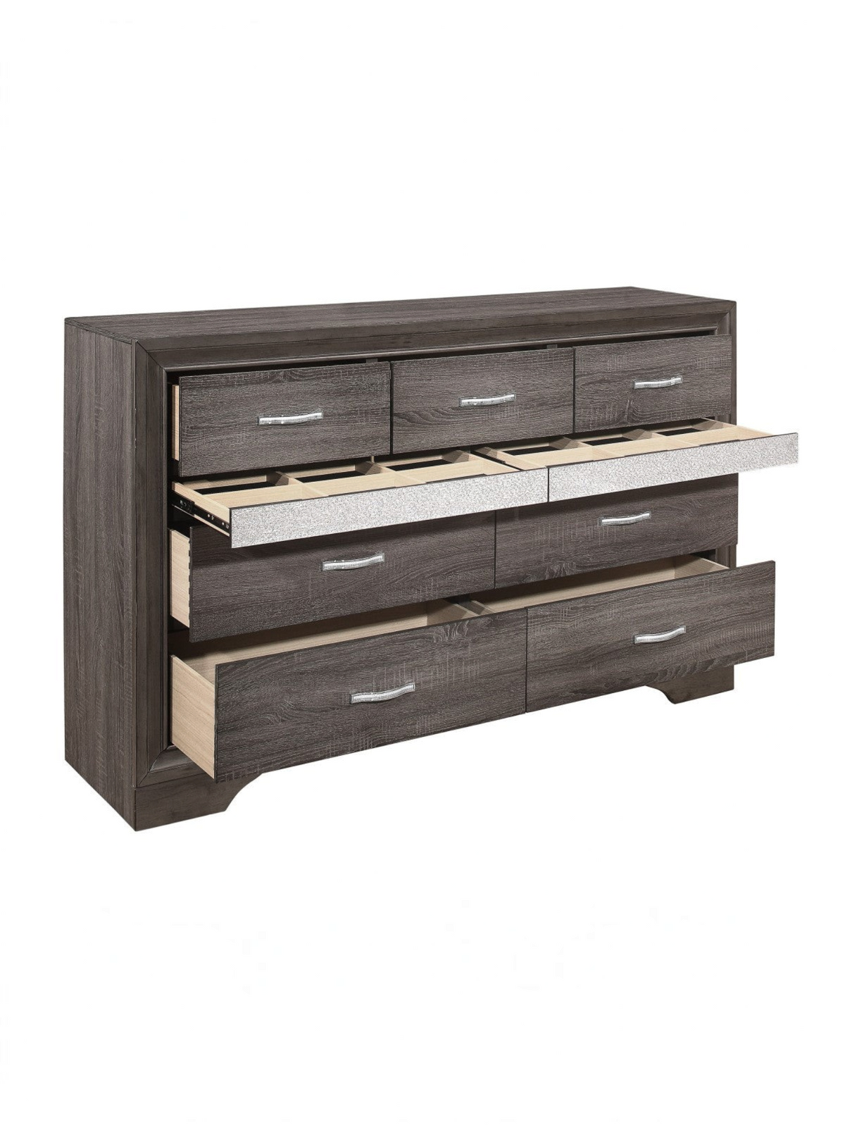 Commode double Ines de TOCO Meubles en bois gris avec tiroirs, bande argentée pailletée et poignées à cristaux