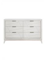 Commode double Iris TOCO Meubles en placage de chêne blanc antique avec six tiroirs et motifs géométriques