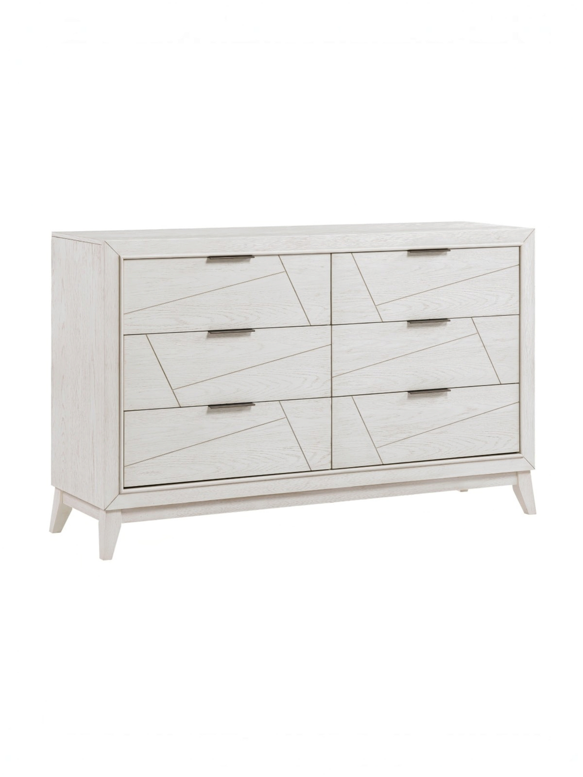 Commode double Iris TOCO Meubles en bois blanc antique avec six tiroirs à rainures géométriques et poignées noires