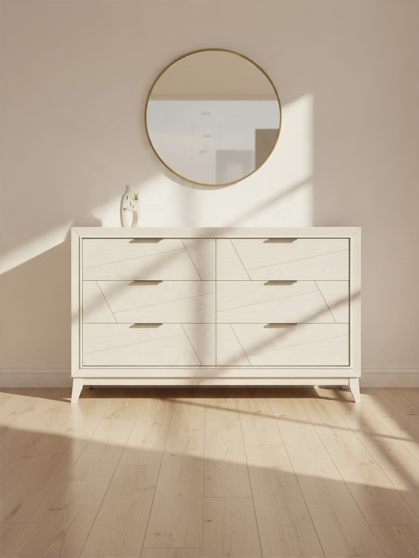 Commode double Iris TOCO Meubles en bois blanc antique avec six tiroirs à rainures géométriques et poignées noires