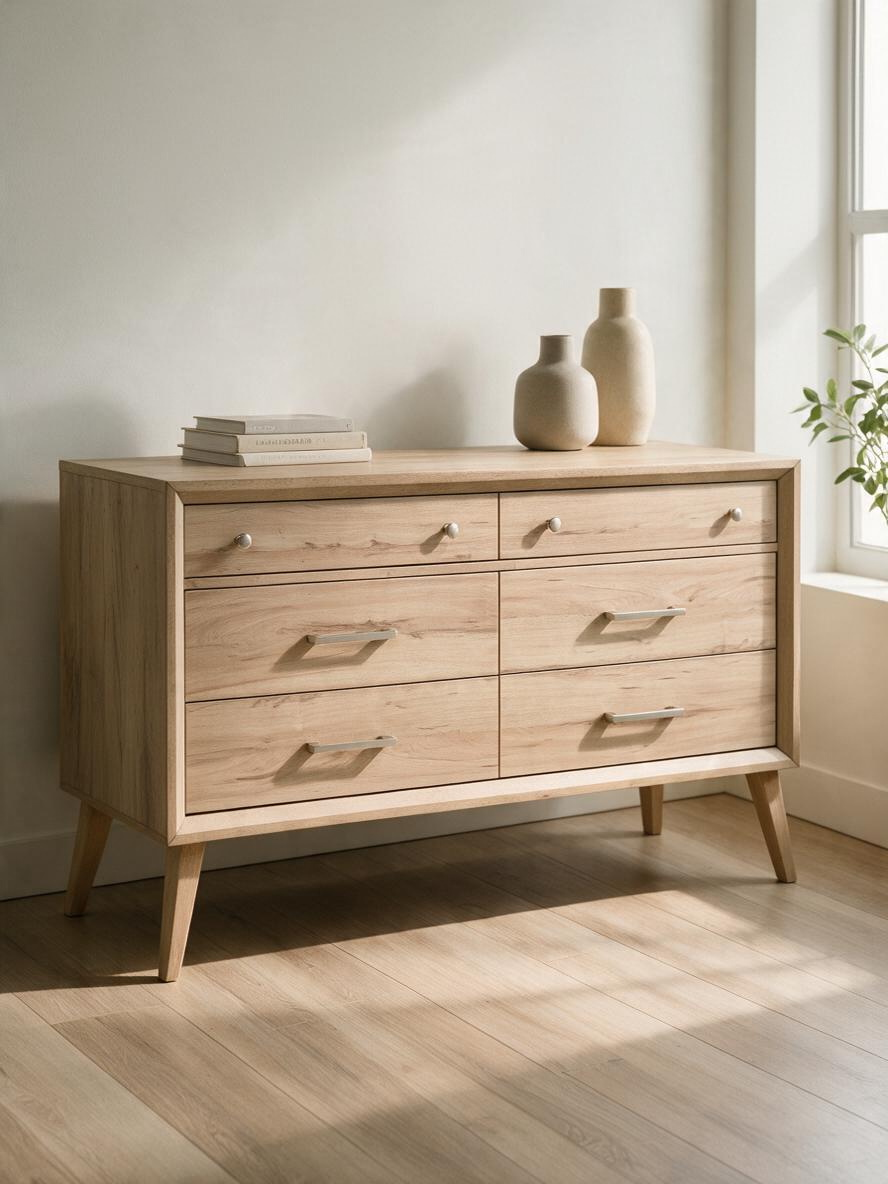 Commode double TOCO Meubles Joaquin en chêne naturel avec six tiroirs et poignées en nickel brossé style mid-century