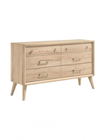 Commode double TOCO Meubles Joaquin en chêne naturel avec six tiroirs et poignées en nickel brossé style mid-century