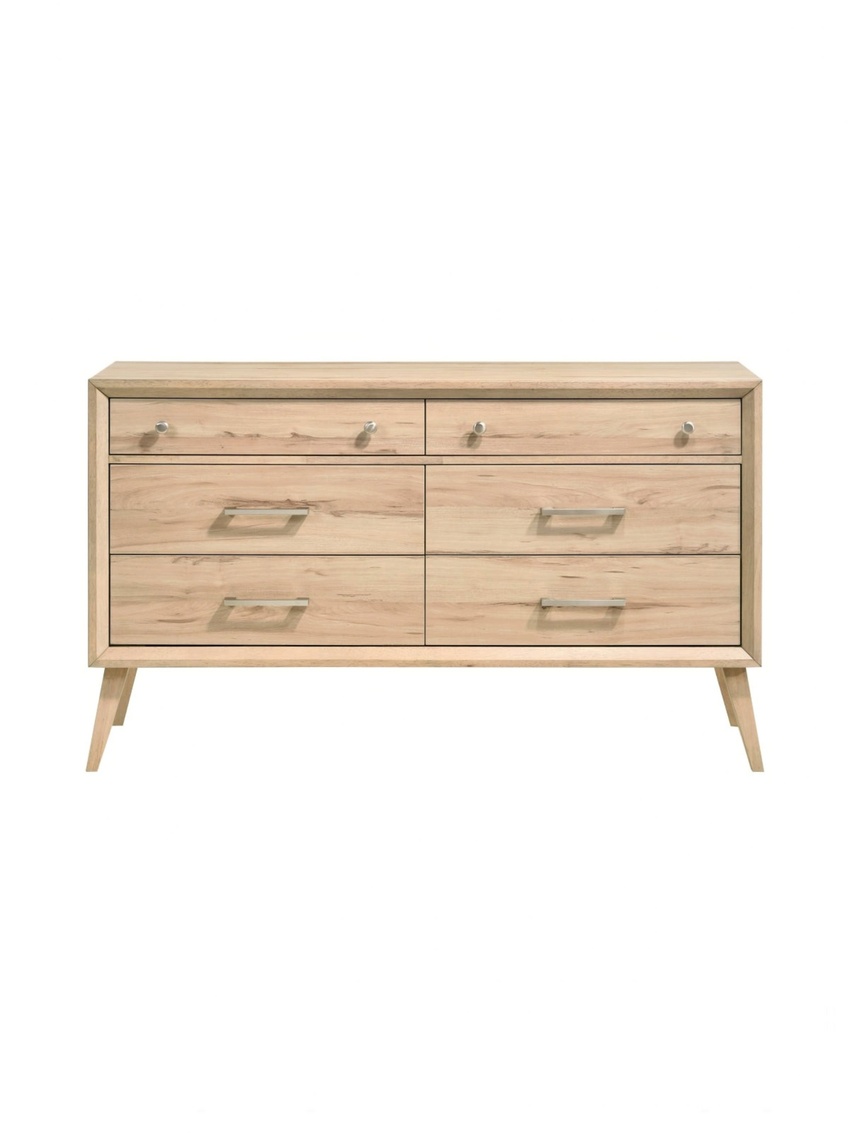 Commode double TOCO Meubles Joaquin en chêne naturel avec six tiroirs et poignées en nickel brossé style rétro