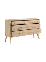 Commode double TOCO Meubles Joaquin en chêne naturel avec six tiroirs et poignées en nickel brossé style mid-century