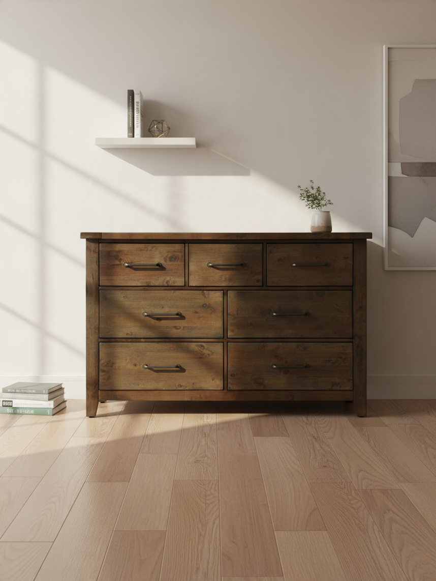 Commode double Jules de TOCO Meubles en bois massif brun bruni avec sept tiroirs et poignées en laiton antique