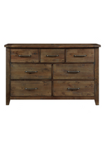 Commode double Jules TOCO Meubles en bois d'hévéa massif brun bruni avec sept tiroirs et poignées en laiton antique