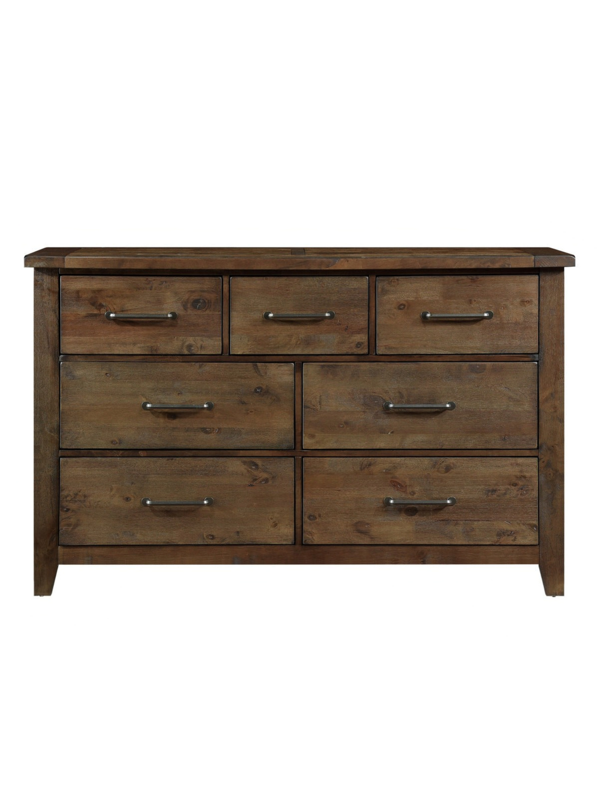 Commode double Jules TOCO Meubles en bois d'hévéa massif brun bruni avec sept tiroirs et poignées en laiton antique