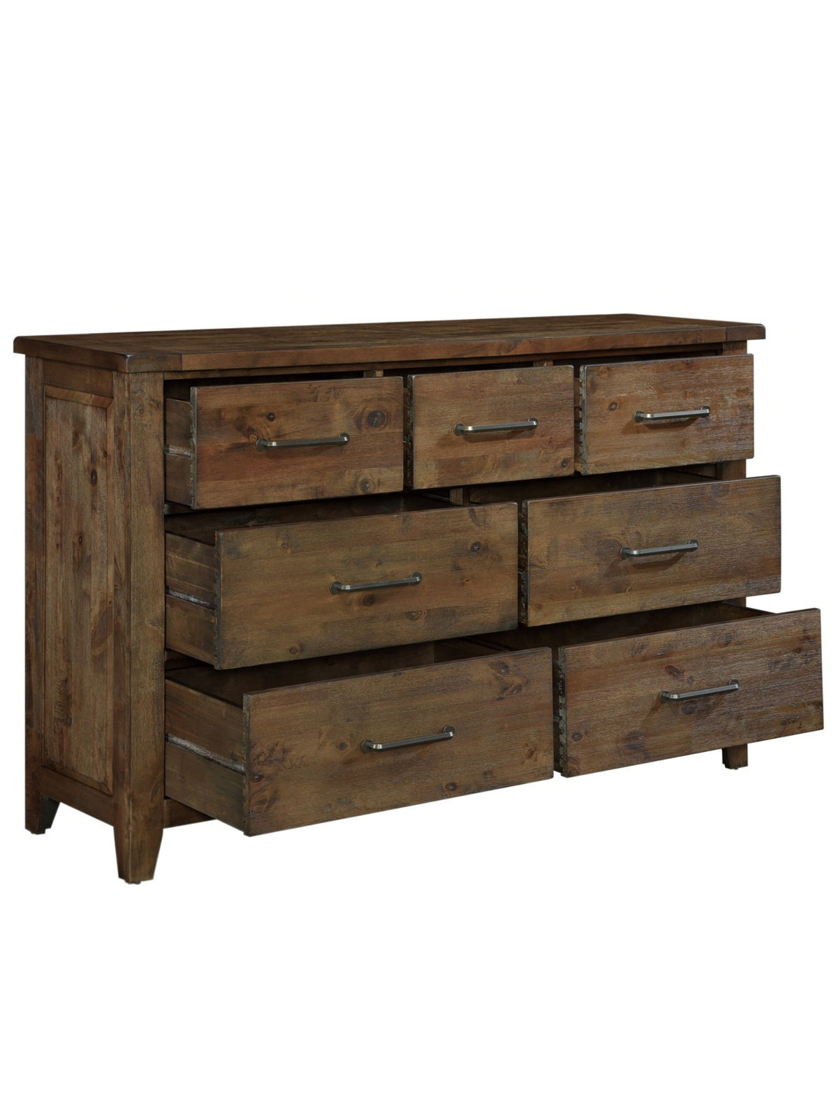 Commode double Jules TOCO Meubles en bois d'hévéa massif brun bruni avec sept tiroirs et poignées en laiton antique