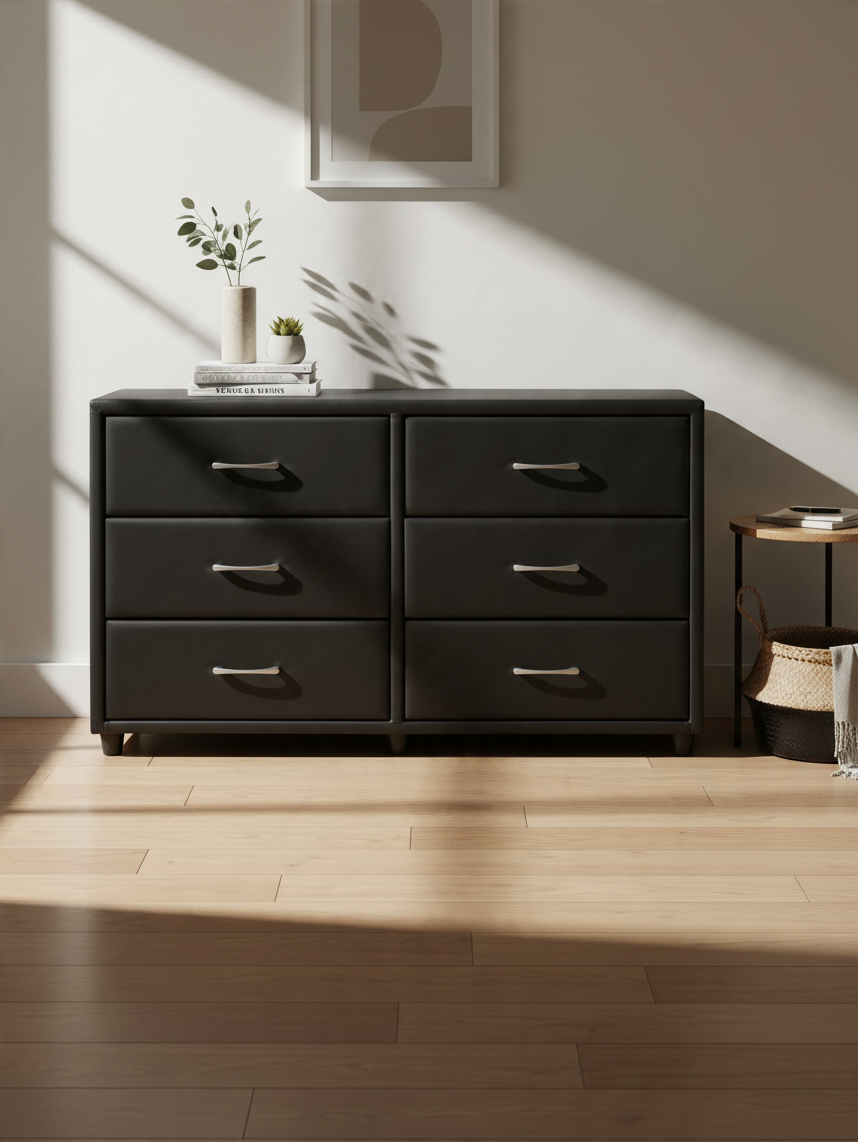 Commode double Léon TOCO Meubles en similicuir noir avec six tiroirs et poignées argentées dans une chambre moderne