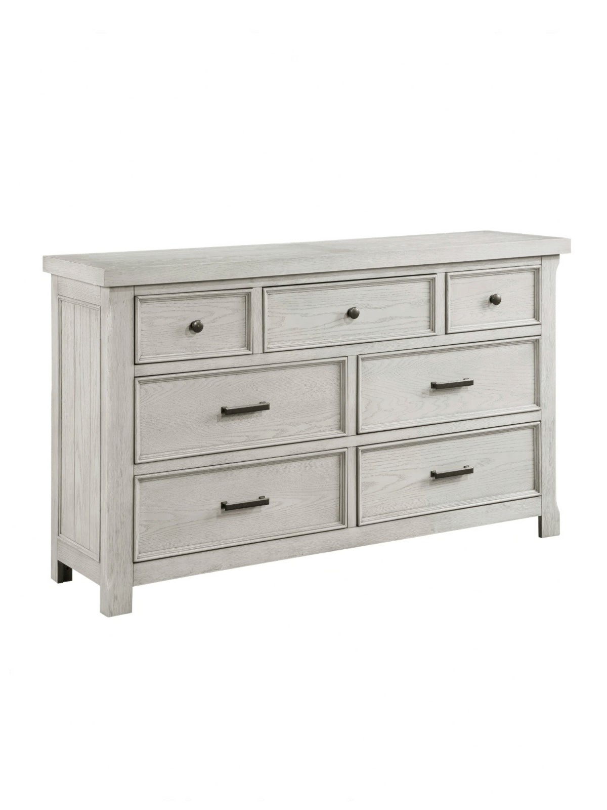 Commode double Lucie TOCO Meubles en placage de chêne gris pâle avec sept tiroirs et poignées noires antiques
