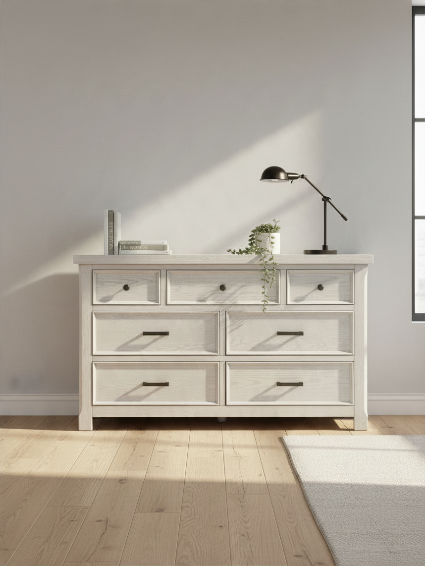 Commode double Lucie TOCO Meubles en placage de chêne gris pâle avec sept tiroirs et poignées noires antiques