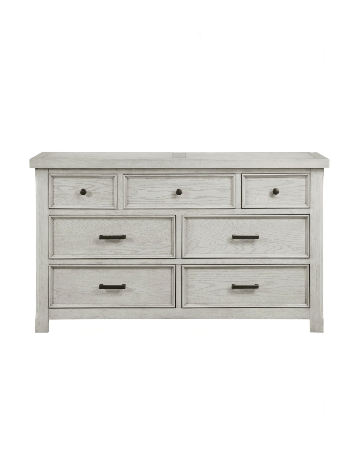 Commode double Lucie TOCO Meubles en placage de chêne gris pâle avec sept tiroirs et poignées noires antiques