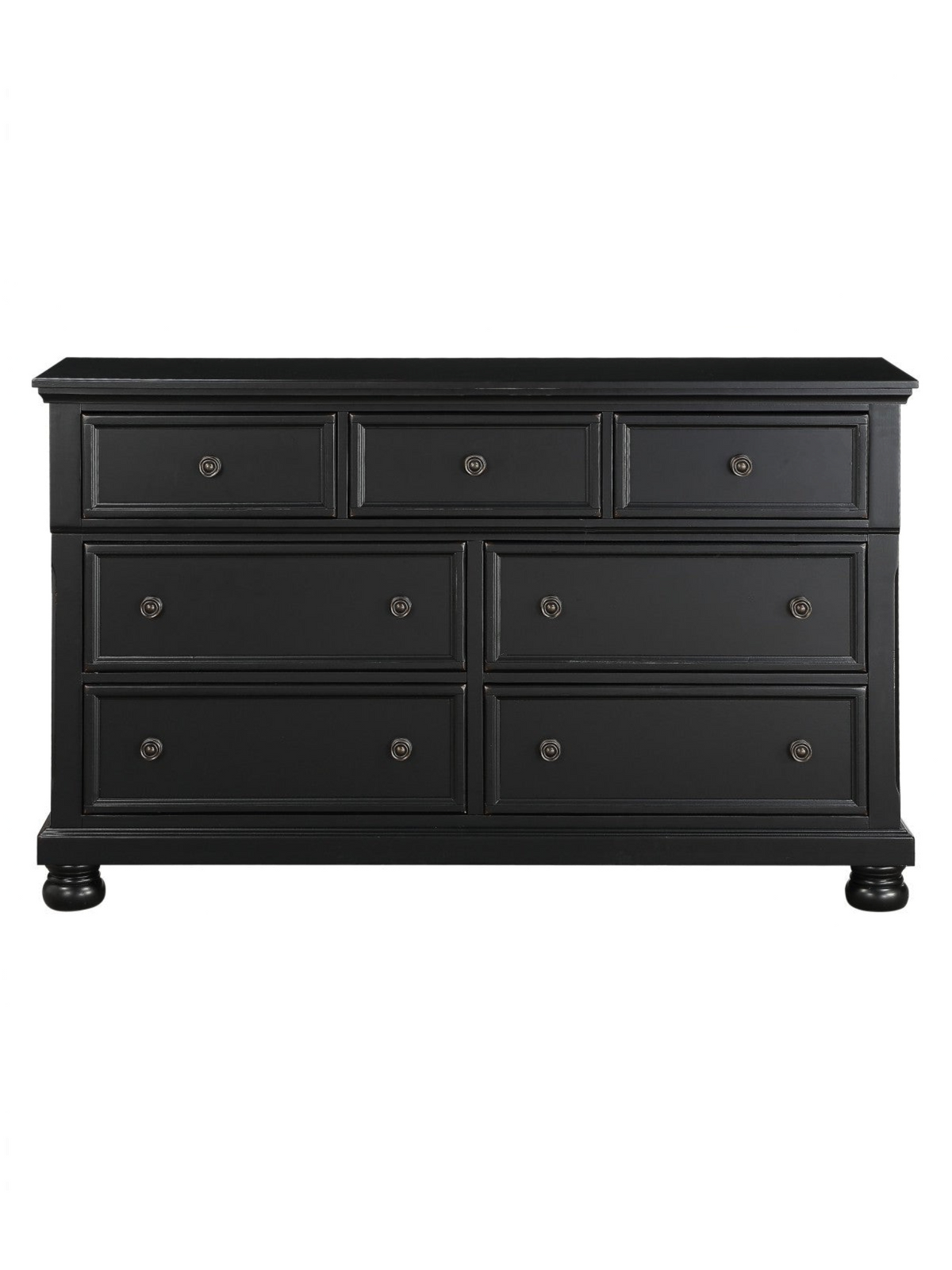 Commode double TOCO Meubles Margaux en bois noir effet usé avec tiroirs, boutons bronze antique et pieds boule