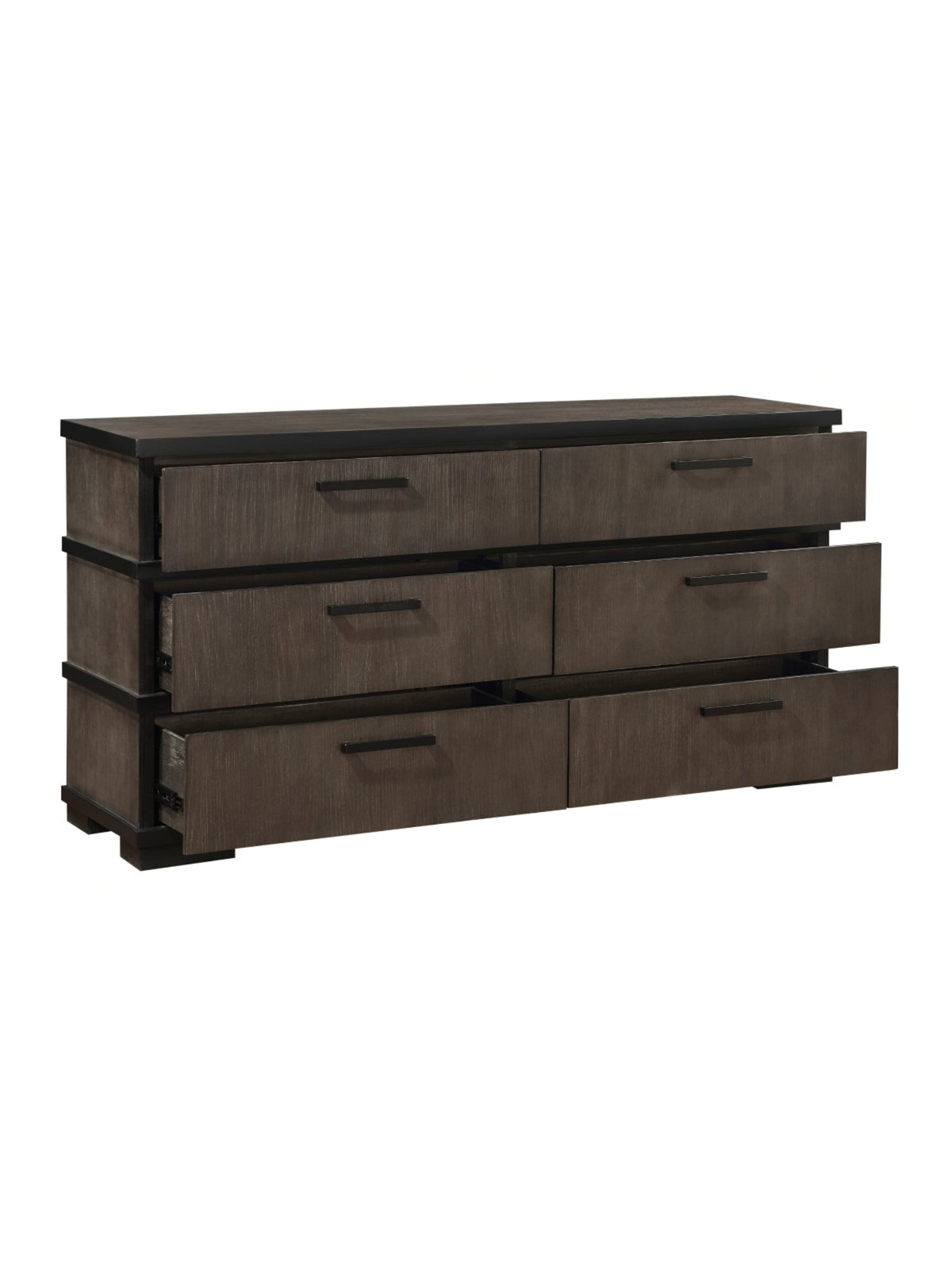 Commode double Marius TOCO Meubles en placage de chêne gris-brun et noir avec six tiroirs et poignées noires mates