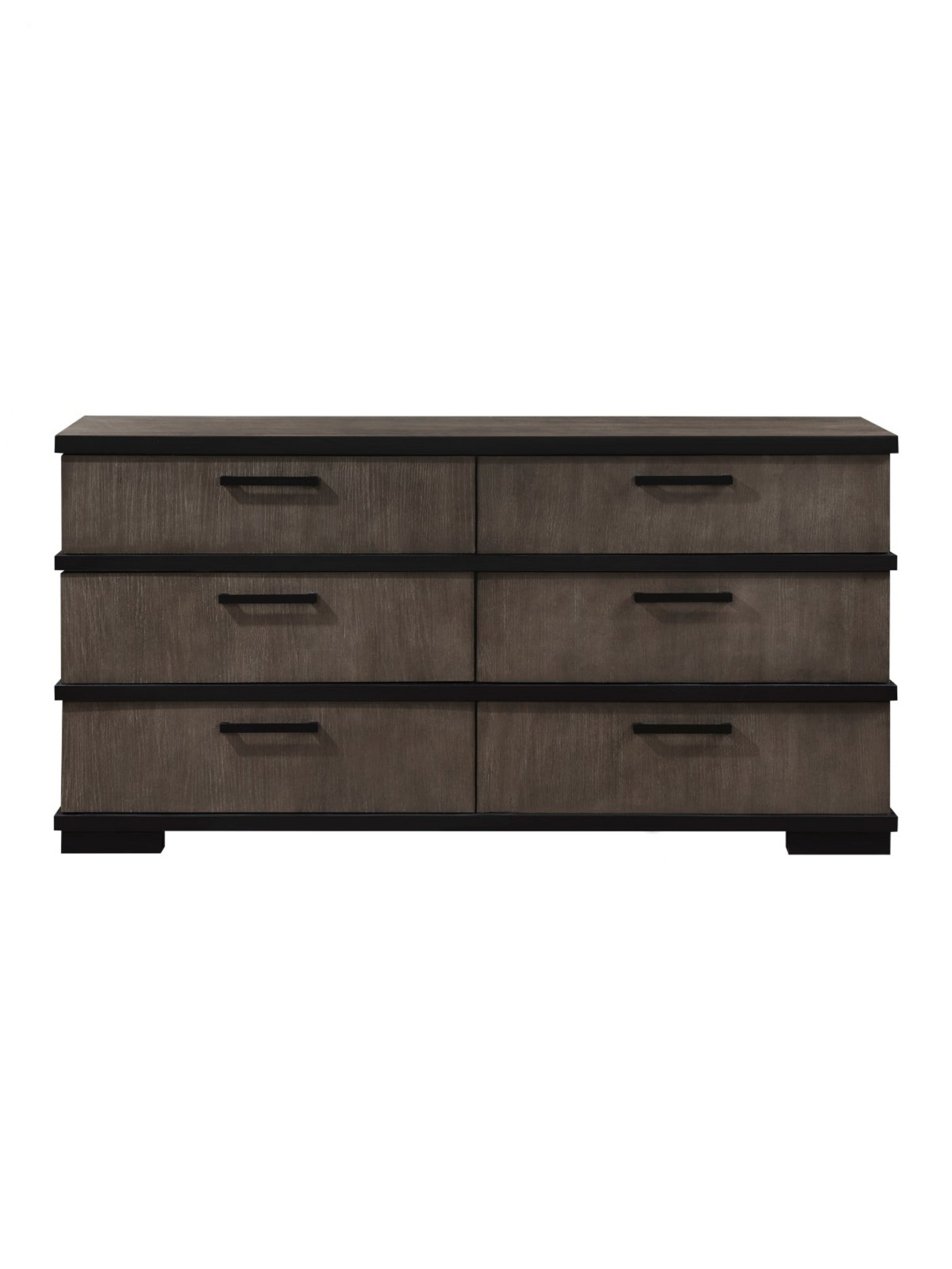 Commode double Marius TOCO Meubles en placage de chêne gris-brun et noir avec six tiroirs et poignées noires mates