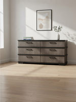 Commode double Marius TOCO Meubles en placage de chêne gris-brun et noir avec six tiroirs et poignées noires mates