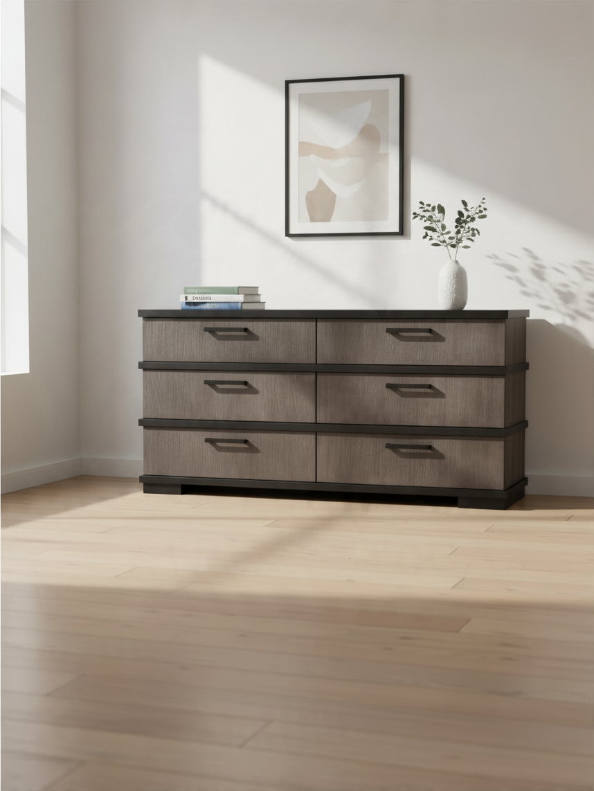 Commode double Marius TOCO Meubles en placage de chêne gris-brun et noir avec six tiroirs et poignées noires mates