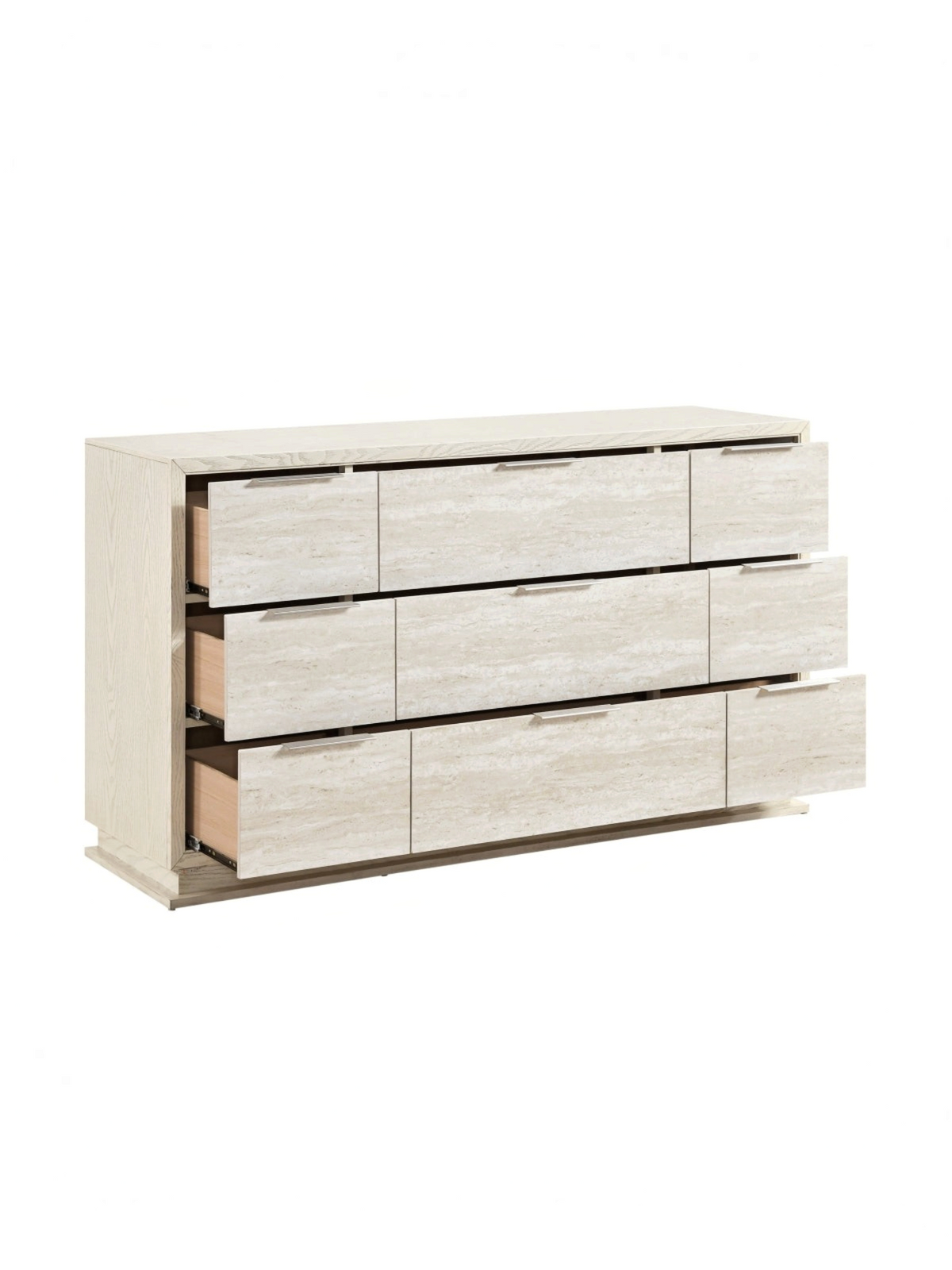 Commode double TOCO Meubles Éloïse blanche et grise avec neuf tiroirs texturés et poignées argentées