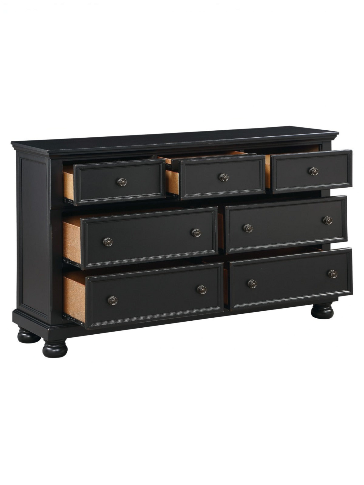 Commode double Margaux par TOCO Meubles en bois noir effet usé avec tiroirs, boutons bronze et pieds boule