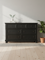 Commode double Margaux TOCO Meubles en bois noir effet usé avec tiroirs, boutons bronze antique et pieds boule