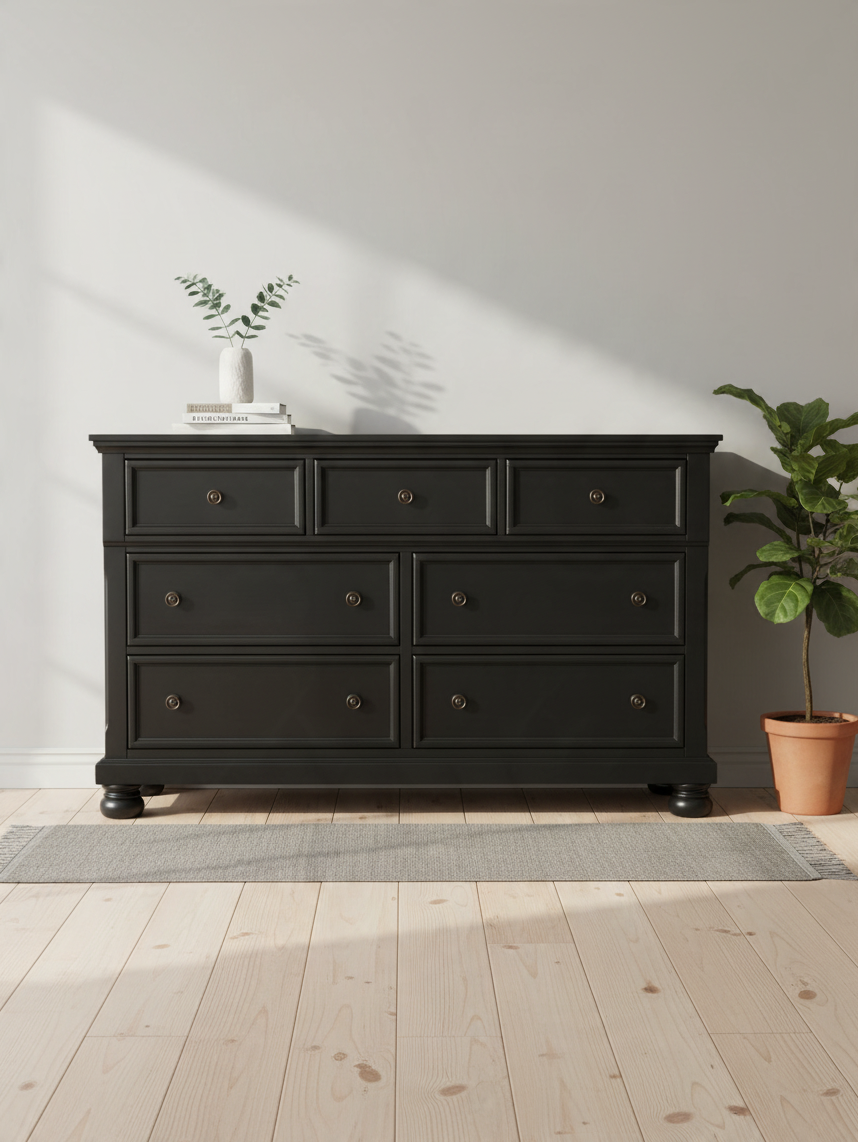 Commode double Margaux TOCO Meubles en bois noir effet usé avec tiroirs, boutons bronze antique et pieds boule