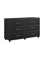 Commode double TOCO Meubles Léon à six tiroirs en similicuir noir avec poignées argentées modernes