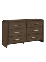 Commode double Edgar TOCO Meubles en bois noyer foncé avec six tiroirs et poignées chromées polies