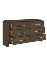 Commode double Edgar TOCO Meubles en bois d'hévéa noyer foncé avec six tiroirs et poignées en chrome poli