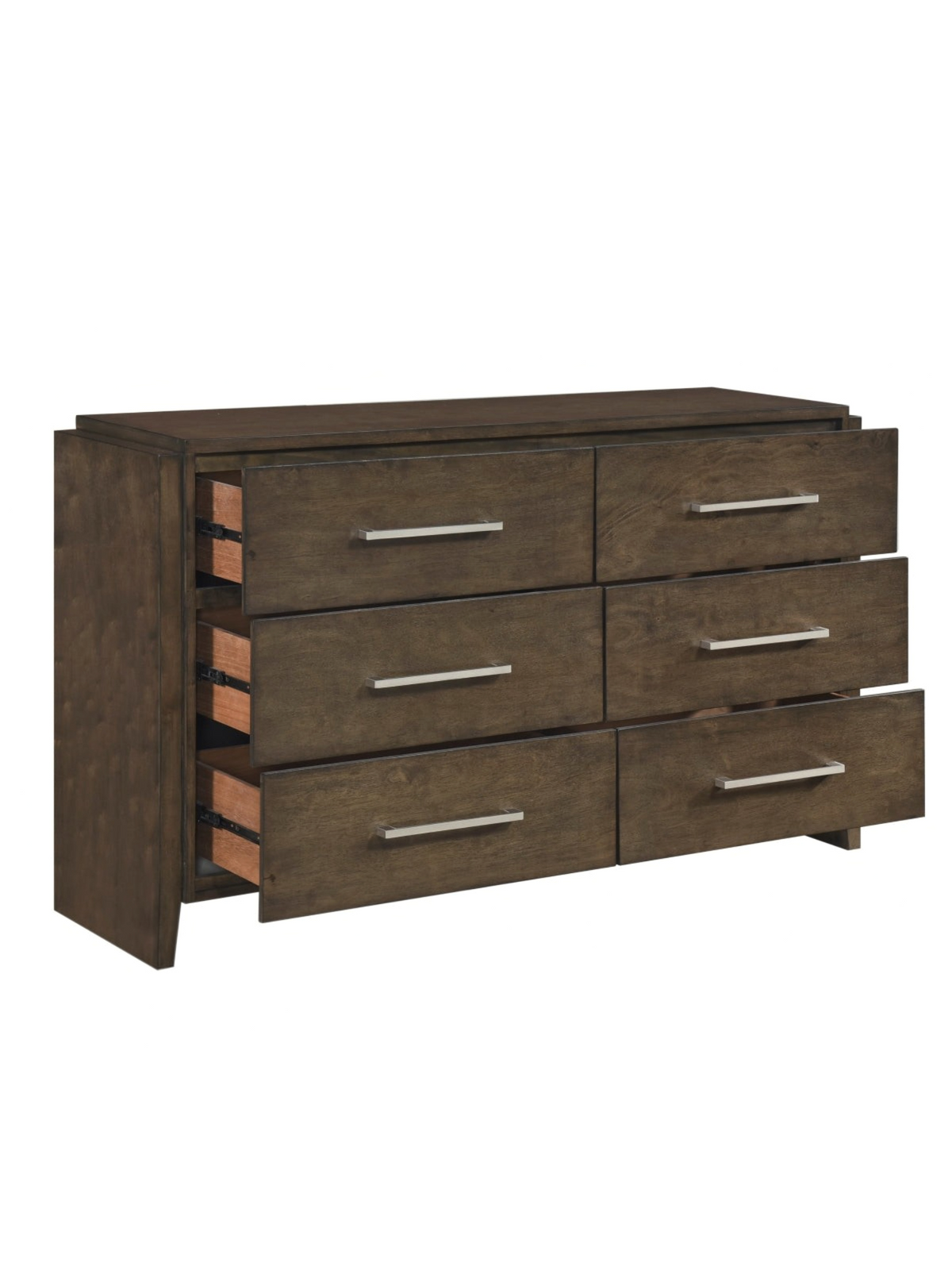 Commode double Edgar TOCO Meubles en bois d'hévéa noyer foncé avec six tiroirs et poignées en chrome poli
