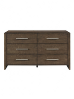Commode double TOCO Meubles Edgar en bois d'hévéa noyer foncé avec six tiroirs et poignées chromées polies