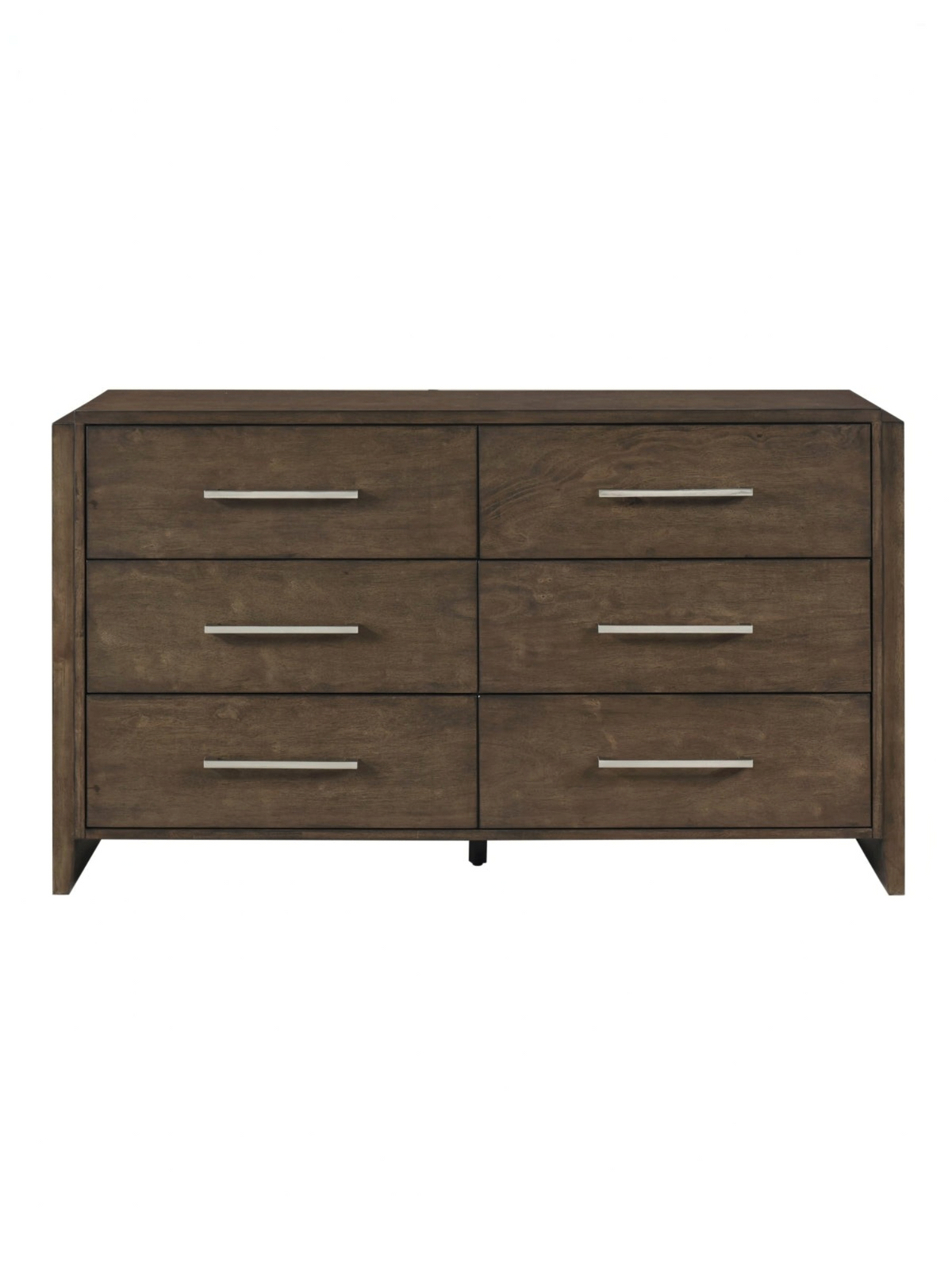 Commode double TOCO Meubles Edgar en bois d'hévéa noyer foncé avec six tiroirs et poignées chromées polies