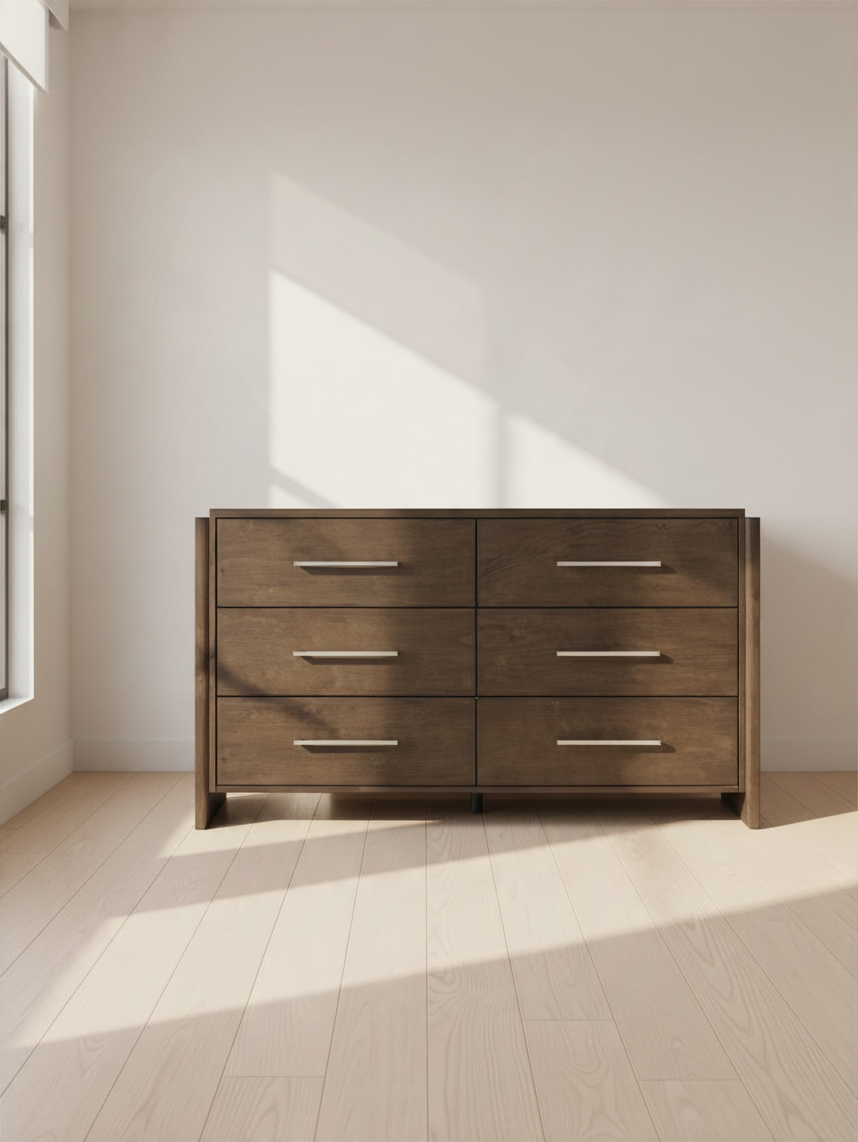 Commode double Edgar de TOCO Meubles en bois massif noyer foncé avec six tiroirs et poignées chromées polies