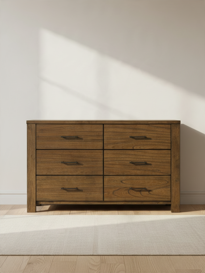 Commode double Silas TOCO Meubles en placage de mindi fini chêne brossé avec six tiroirs et poignées brun foncé
