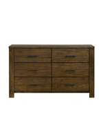Commode double Silas TOCO Meubles en placage de mindi fini chêne brossé avec six tiroirs et poignées brun foncé