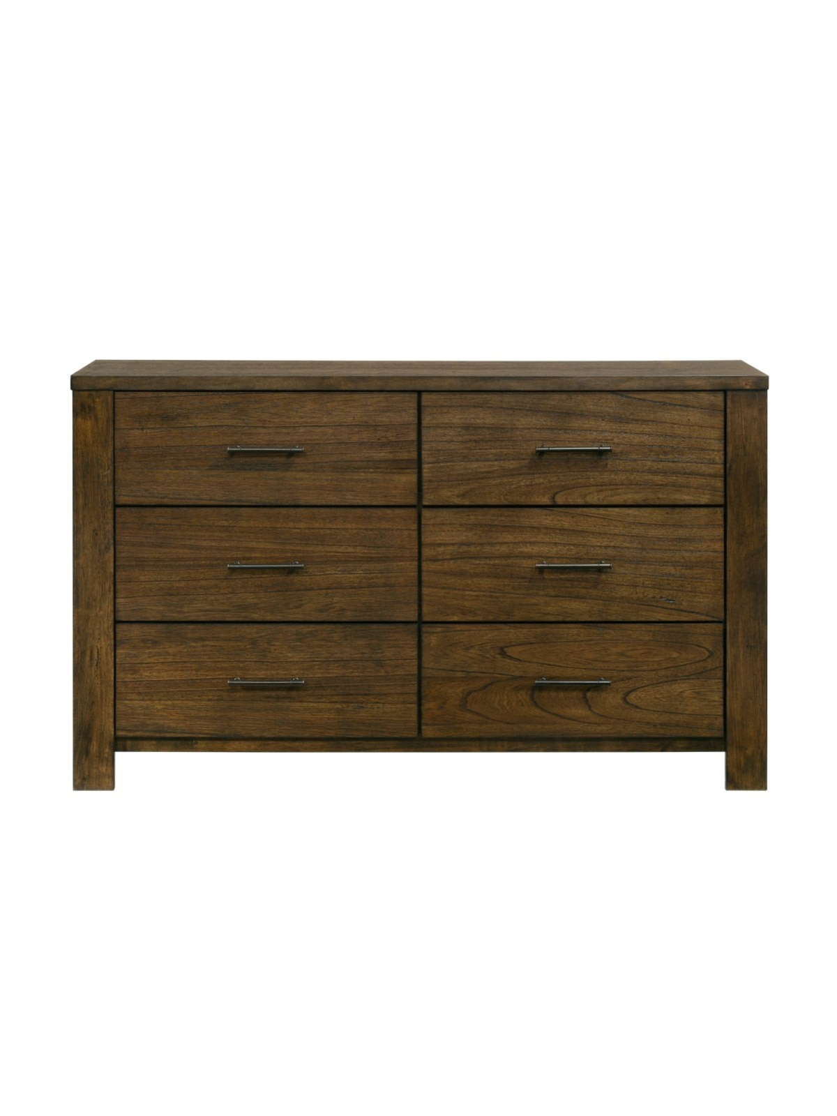 Commode double Silas TOCO Meubles en placage de mindi fini chêne brossé avec six tiroirs et poignées brun foncé