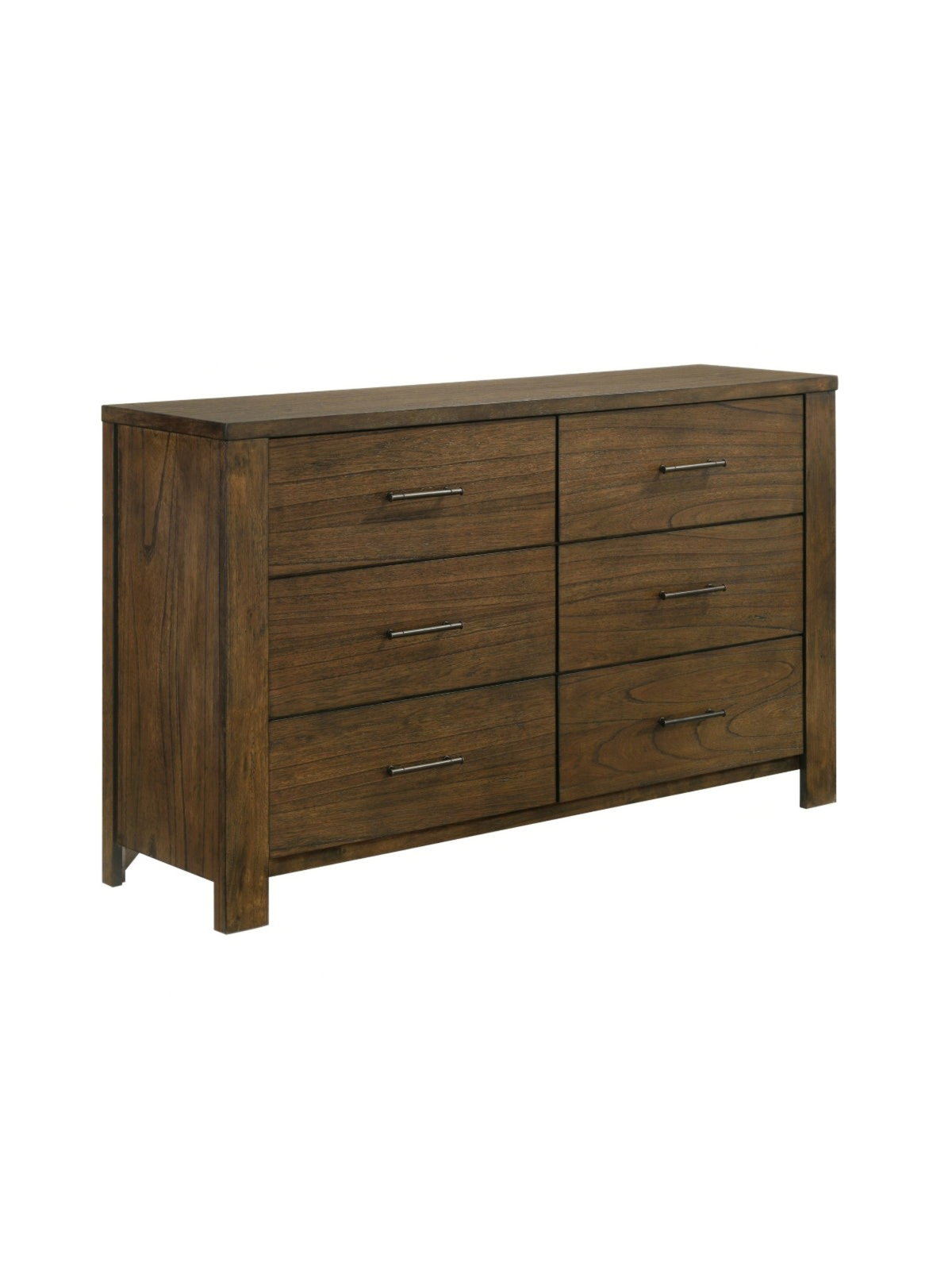Commode double Silas TOCO Meubles en placage de mindi fini chêne brossé avec six tiroirs et poignées brun foncé