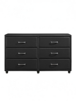Commode double TOCO Meubles Léon en similicuir noir avec six tiroirs et poignées argentées