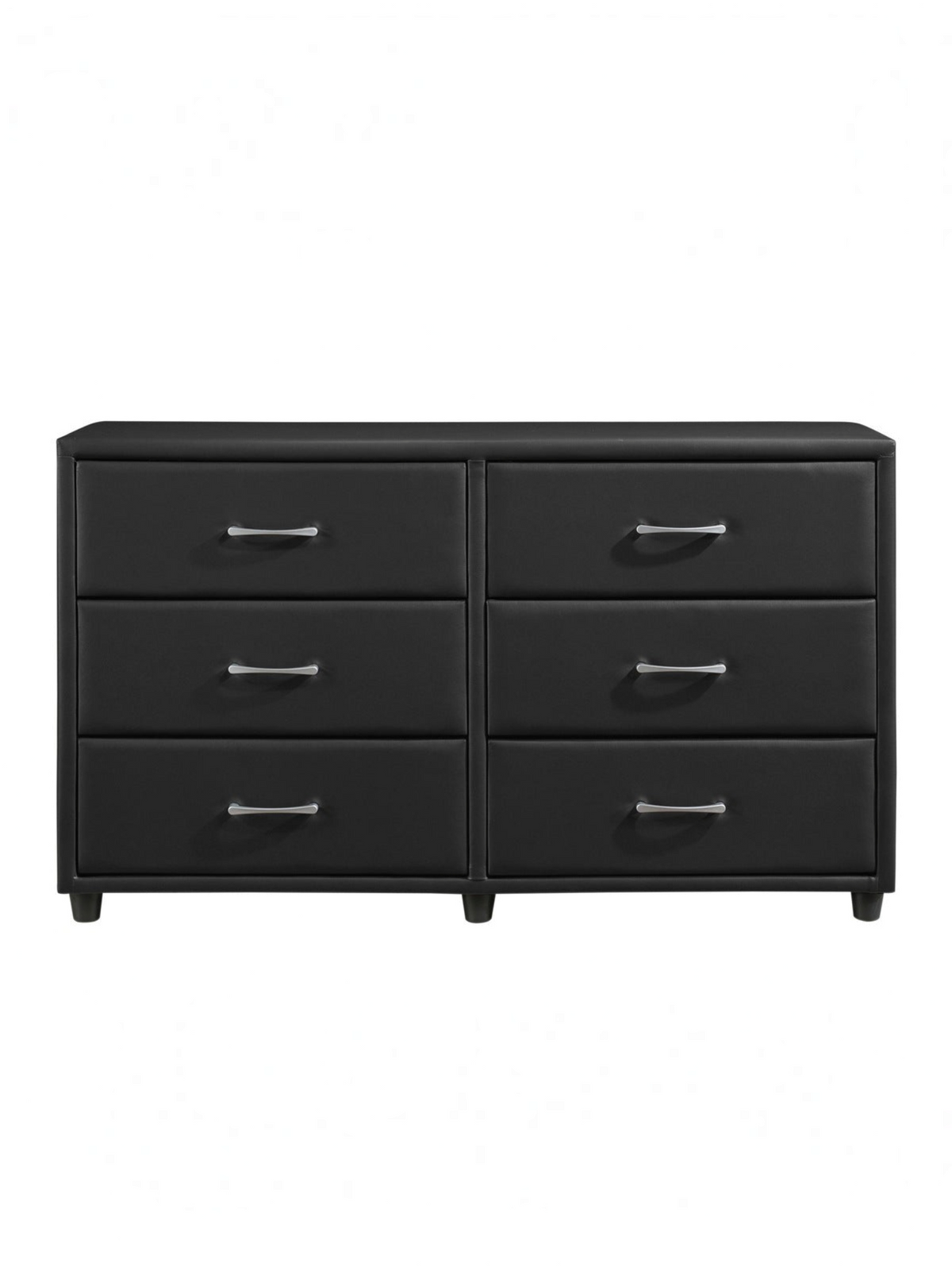 Commode double TOCO Meubles Léon en similicuir noir avec six tiroirs et poignées argentées