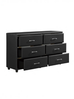 Commode double TOCO Meubles Léon en similicuir noir avec six tiroirs et poignées argentées sur fond blanc