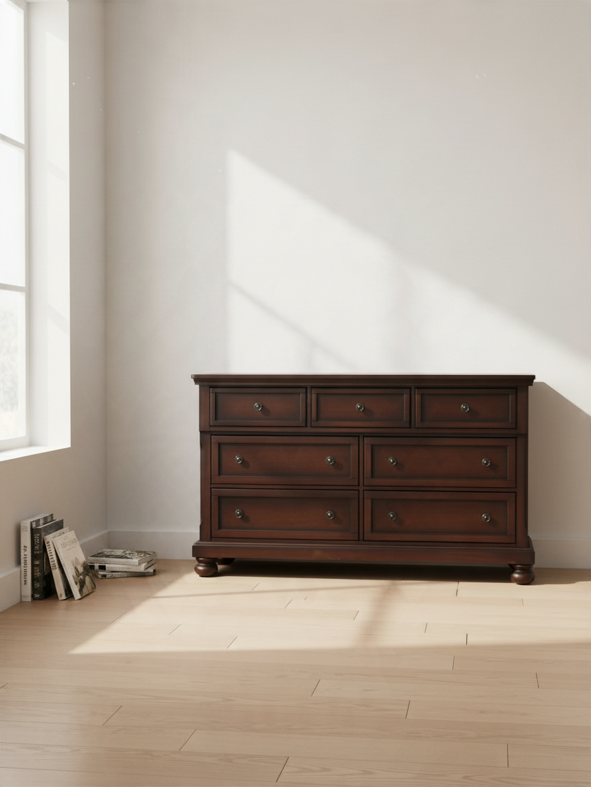 Commode double Talia TOCO Meubles en bois fini cerisier brun avec tiroirs, boutons bronze et pieds boule