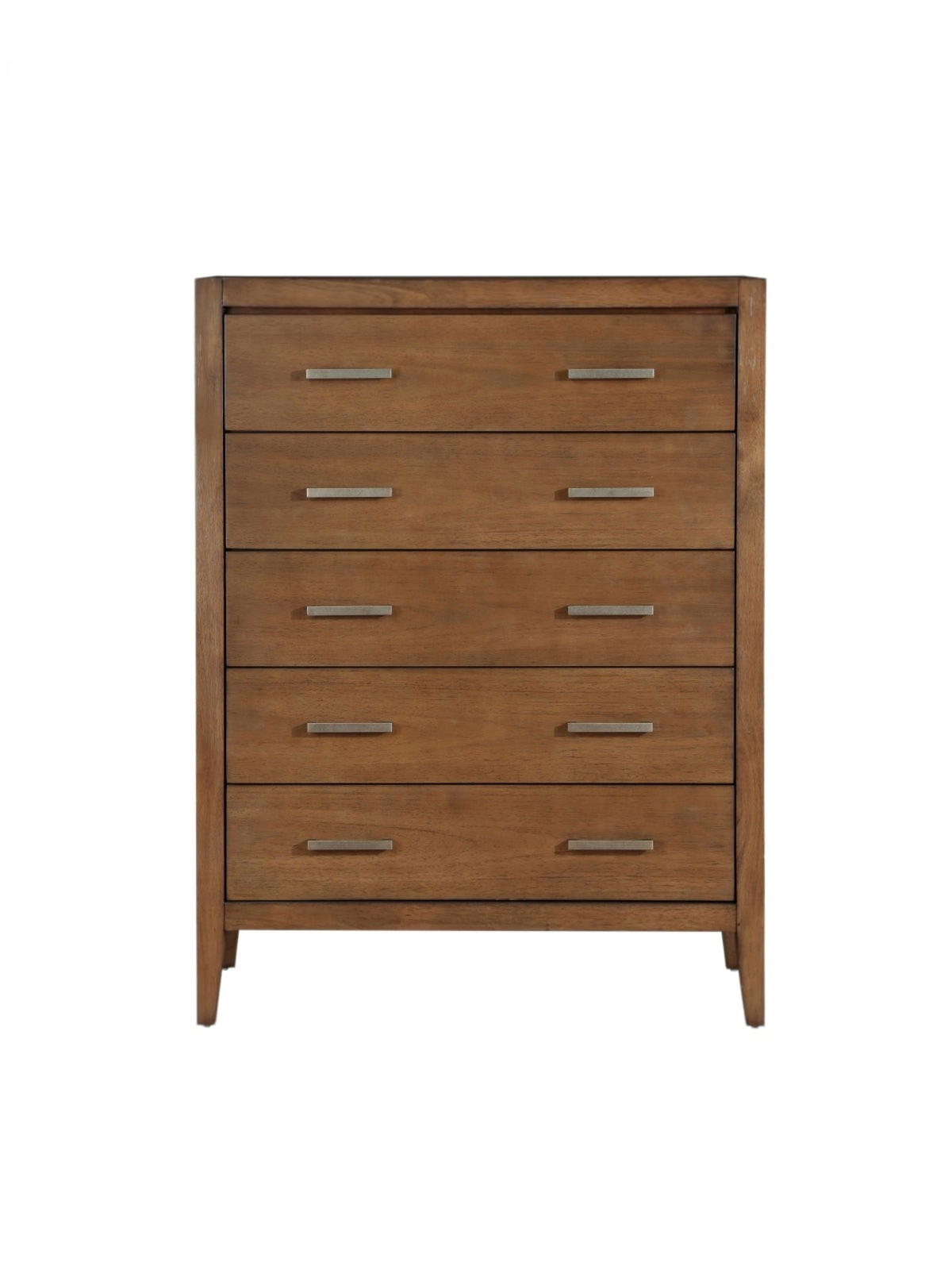 Commode haute Antoine TOCO Meubles à cinq tiroirs en bois brun clair brossé avec poignées en laiton antique