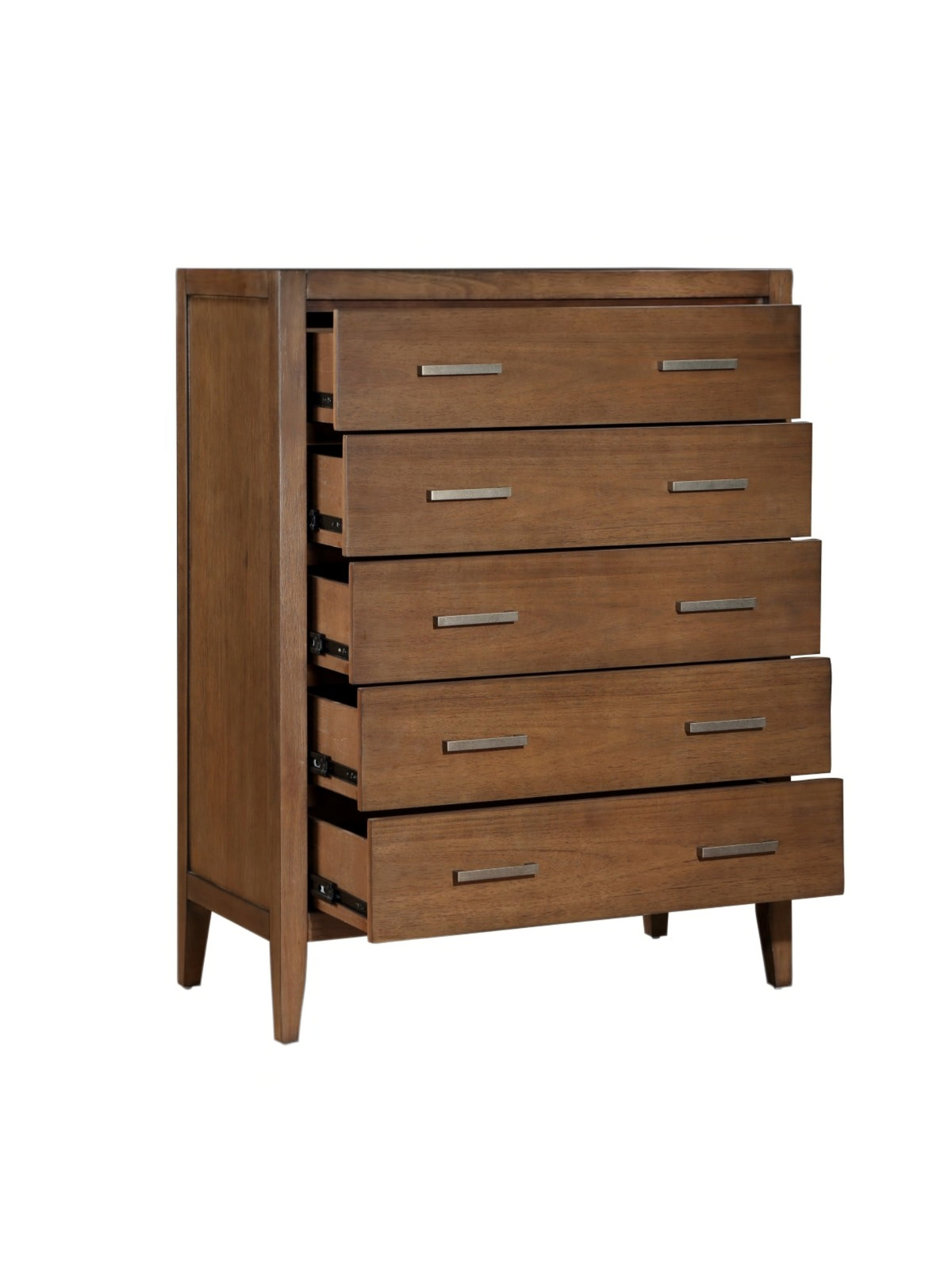 Commode haute TOCO Meubles Antoine à cinq tiroirs en bois brun clair brossé avec poignées en laiton antique