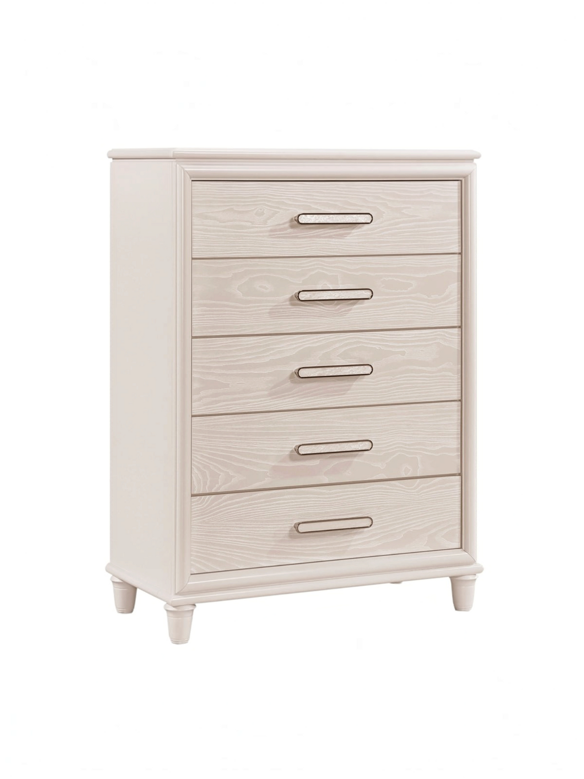 Commode haute Ariane TOCO Meubles blanche à cinq tiroirs avec façades embossées et poignées chromées