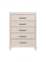 Commode haute Ariane par TOCO Meubles avec cinq tiroirs, fini blanc, façades embossées et poignées chromées