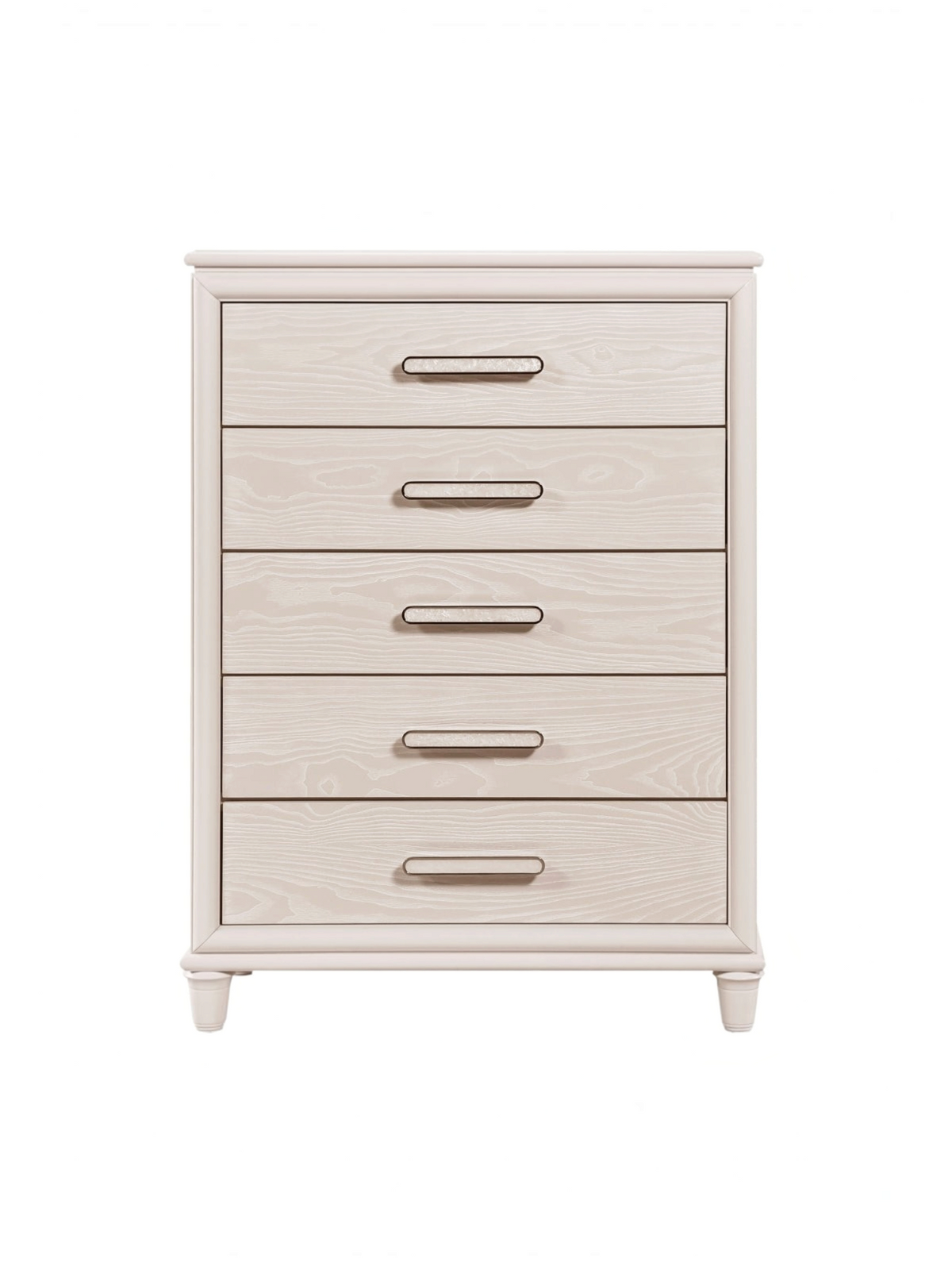 Commode haute Ariane par TOCO Meubles avec cinq tiroirs, fini blanc, façades embossées et poignées chromées