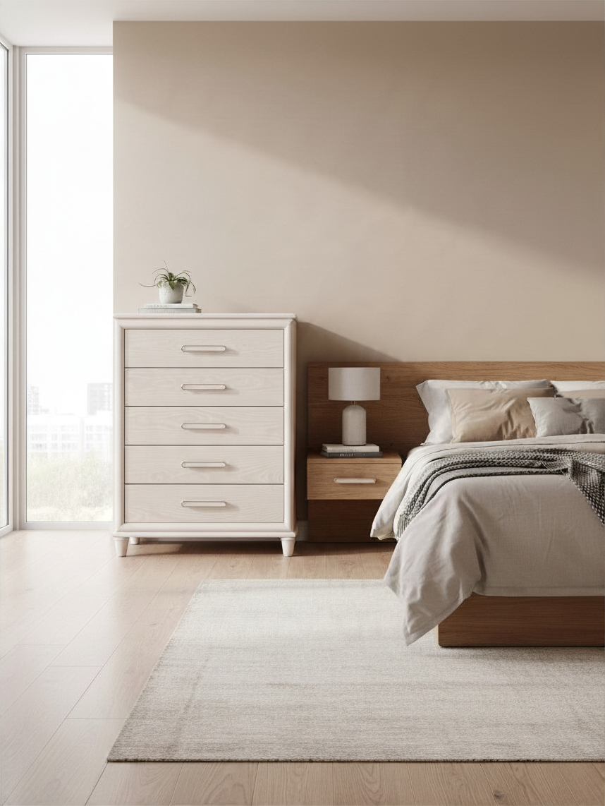 Commode haute Ariane de TOCO Meubles, blanche avec cinq tiroirs à panneaux embossés et poignées chromées dans une chambre