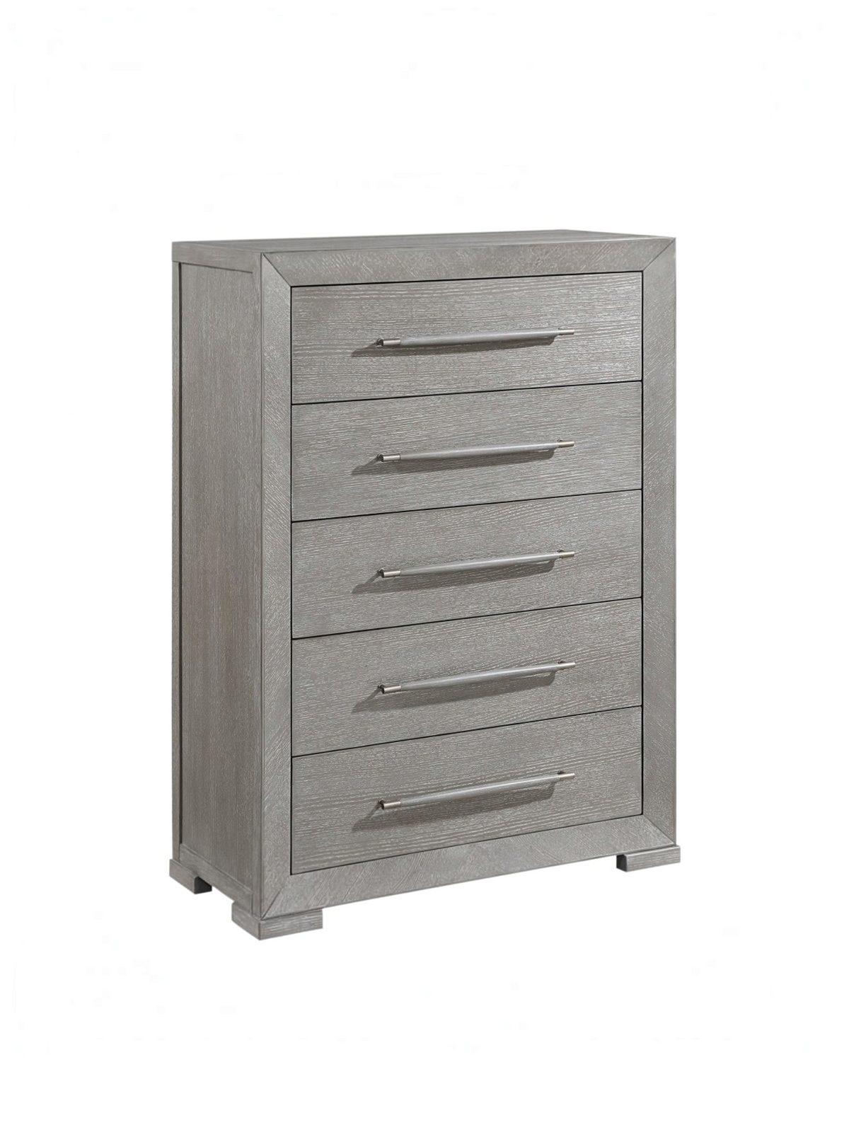 Commode haute Arthur par TOCO Meubles en placage de chêne gris avec cinq tiroirs et poignées en bois assorties